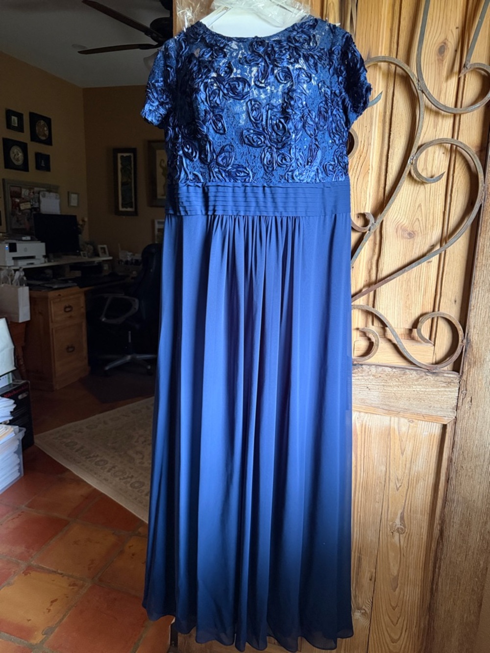 Oleg Cassini Navy Floral Embroidered Bodice Maxi Dress